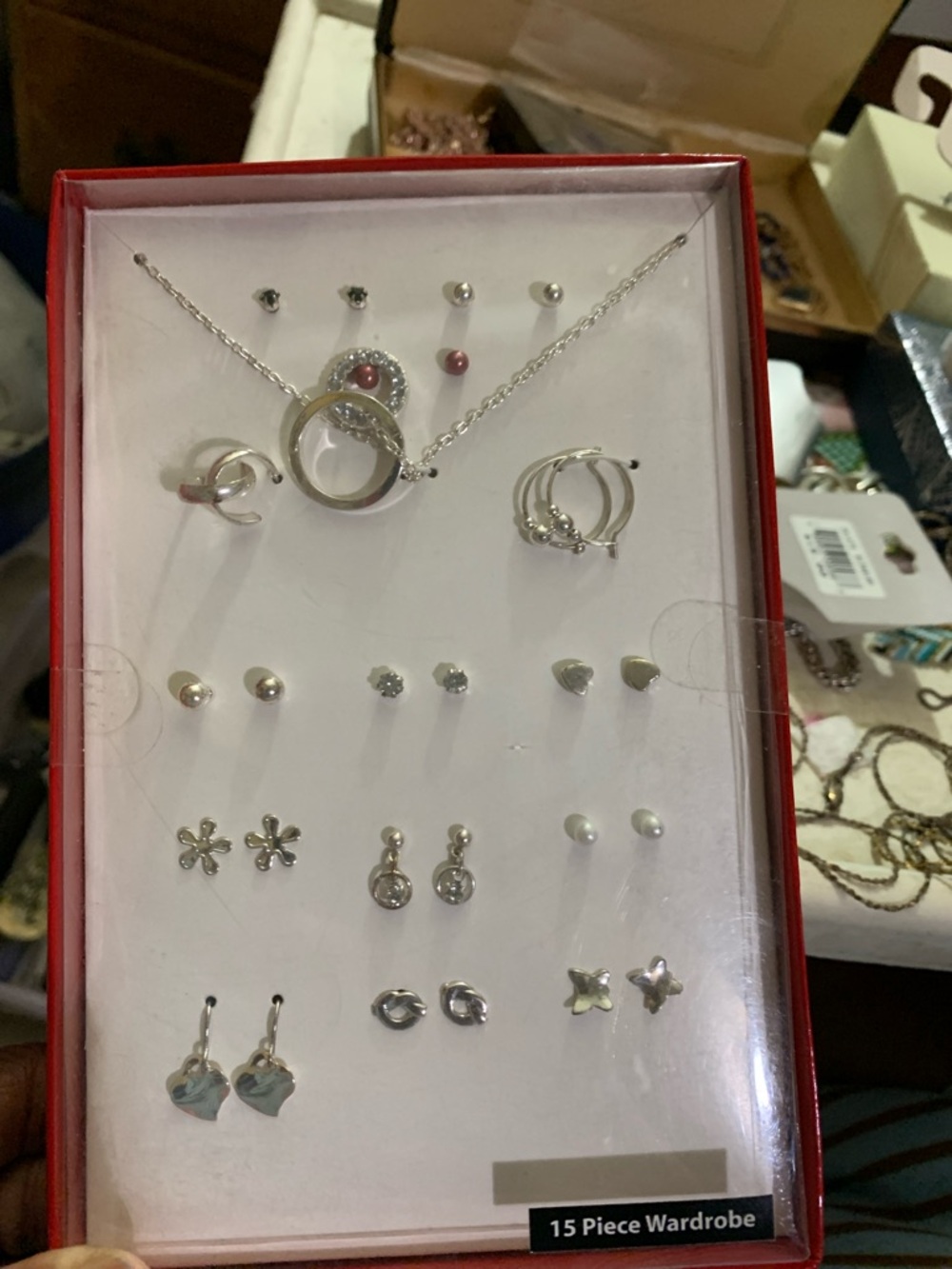 15-Piece Women's Silver Tone Earring & Necklace Set with Pink Accent